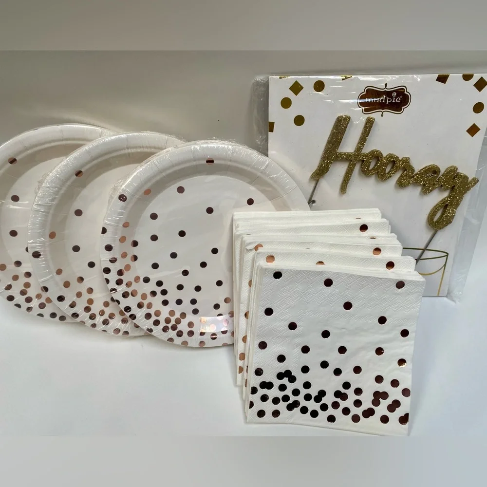 Rose Gold Polka Dot Paper Plates and Napkins & Hooray Cake Topper, 75  7” plates